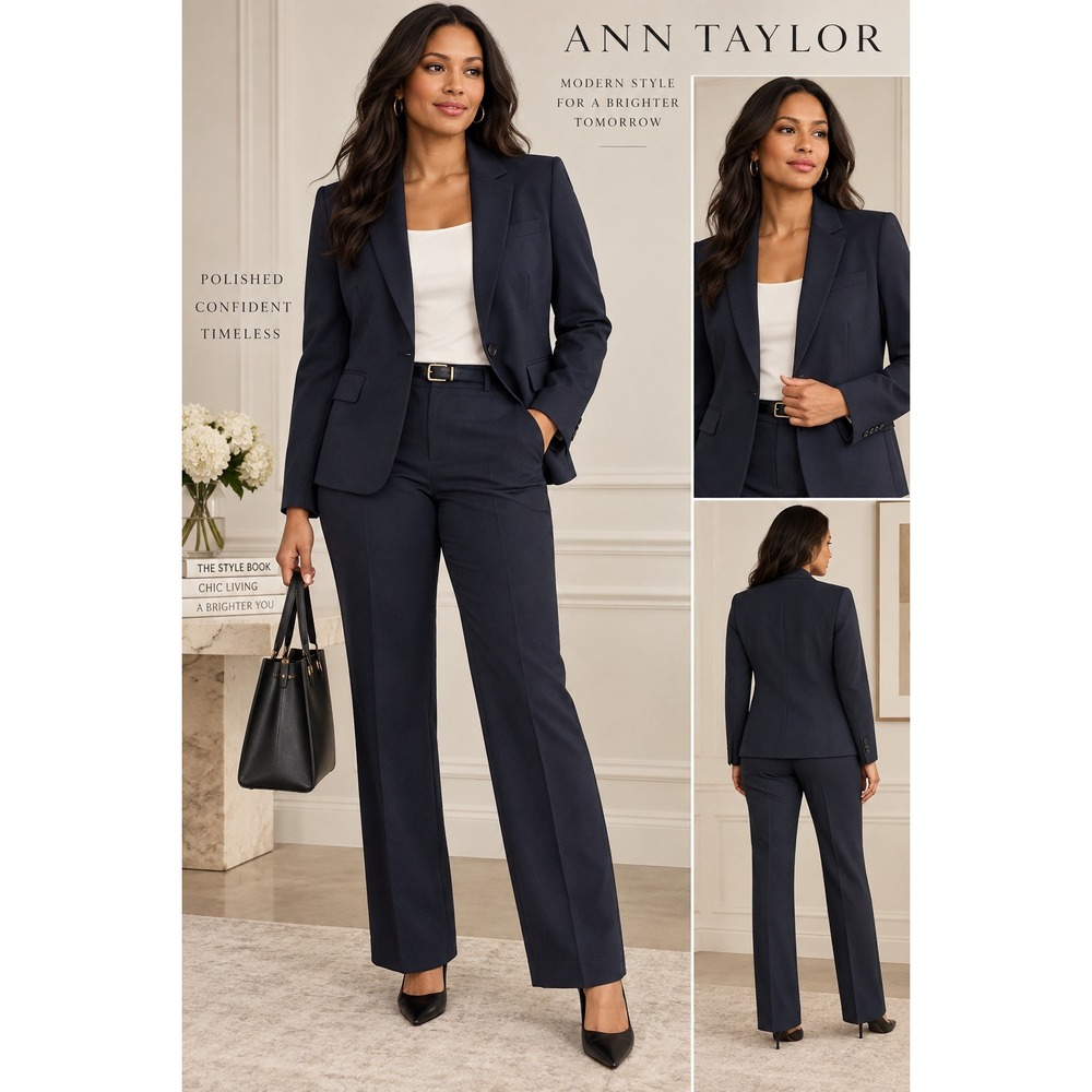 Ann Taylor Navy Blue Pant Suit Size 10 Ann Fit Blazer Trousers 2 Piece Career